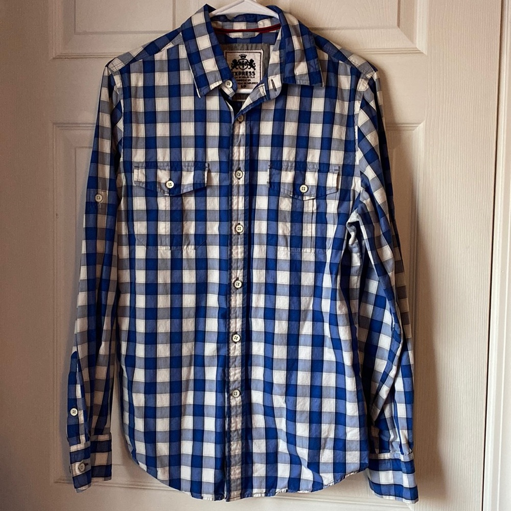 Express Men Small Blue White Checkered Button Down